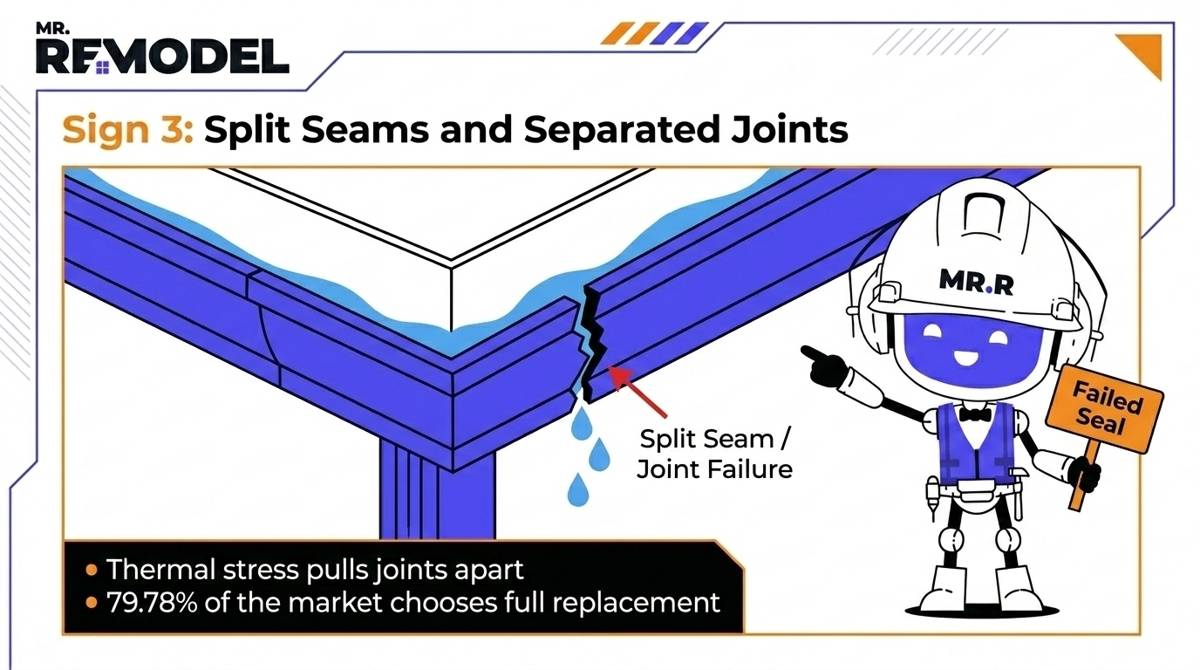 A corner joint in a gutter system with a significant crack, allowing water to drip through. 